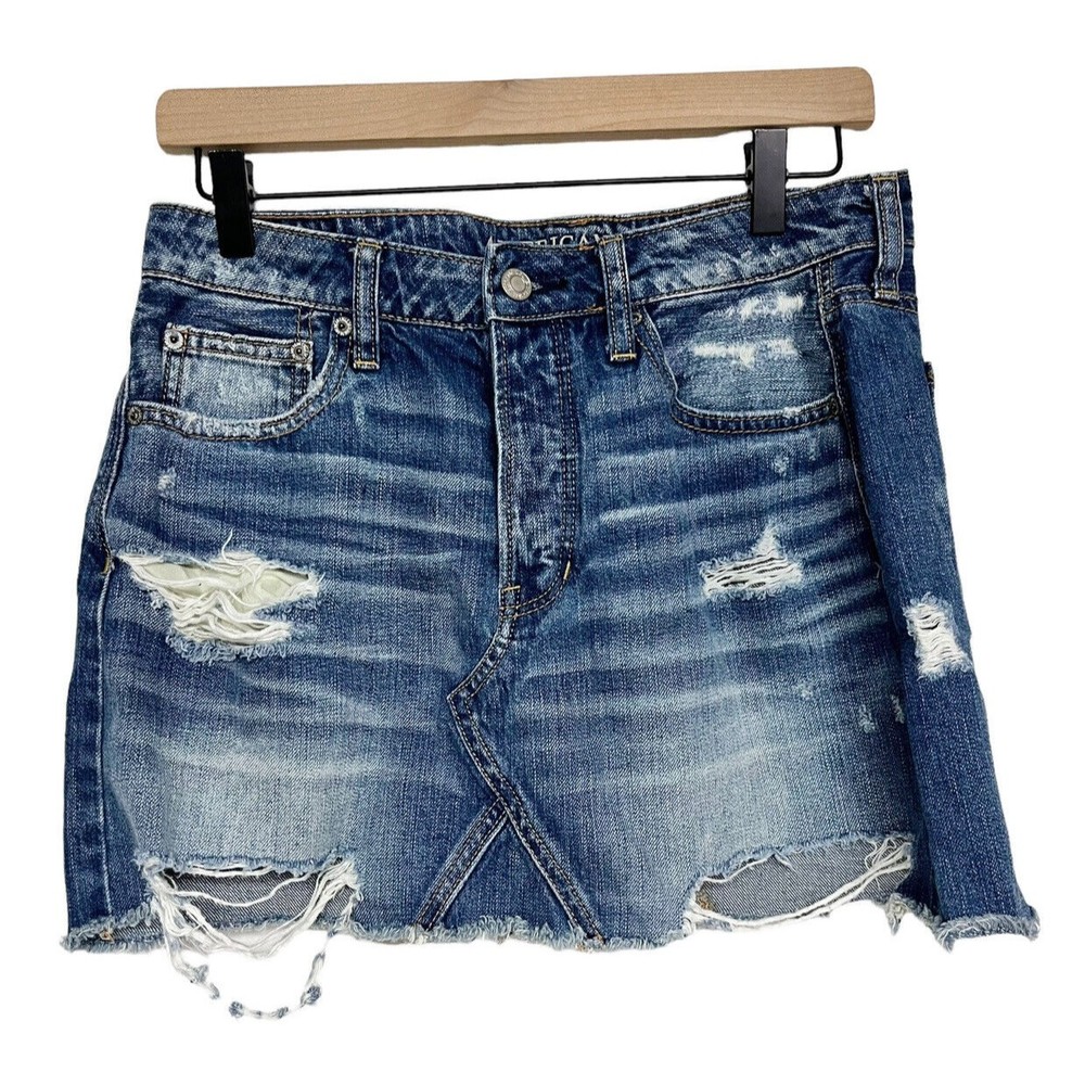American Eagle Womens Button Fly Denim Mini Skirt Size 8 Distressed Casual